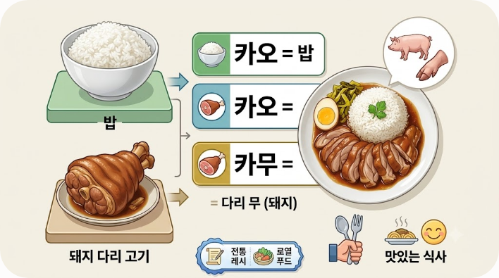 밥과 돼지 다리 고기로 나뉘는 카오카무 이름 구성