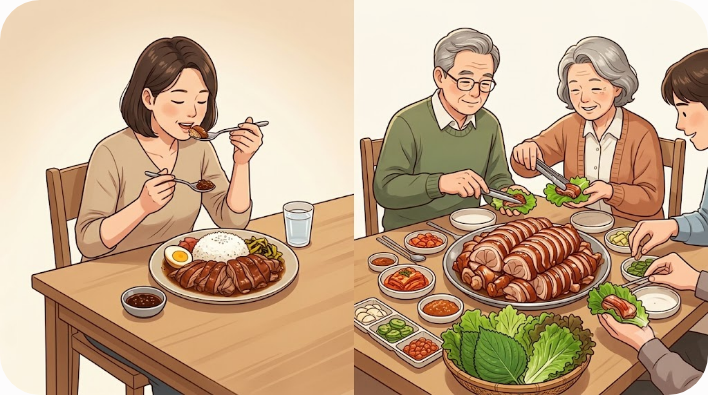 한 접시로 먹는 카오카무와 여럿이 나누는 한국 족발 비교