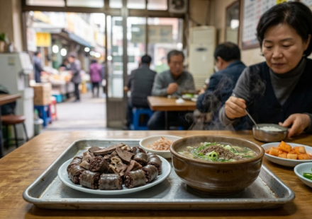 병천 전통시장 식당에 차려진 순대와 순댓국