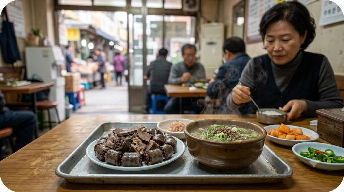 병천 전통시장 식당에 차려진 순대와 순댓국