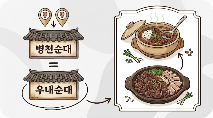 병천순대와 아우내순대, 병천순댓국의 관계를 보여주는 인포그래픽