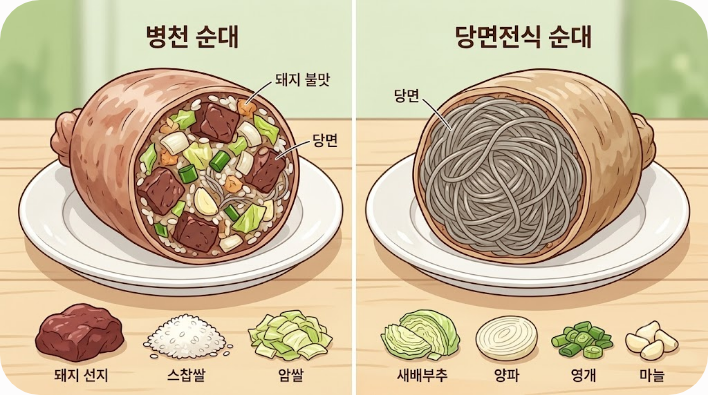 소창과 선지, 채소 중심의 병천식 순대 단면 비교 삽화