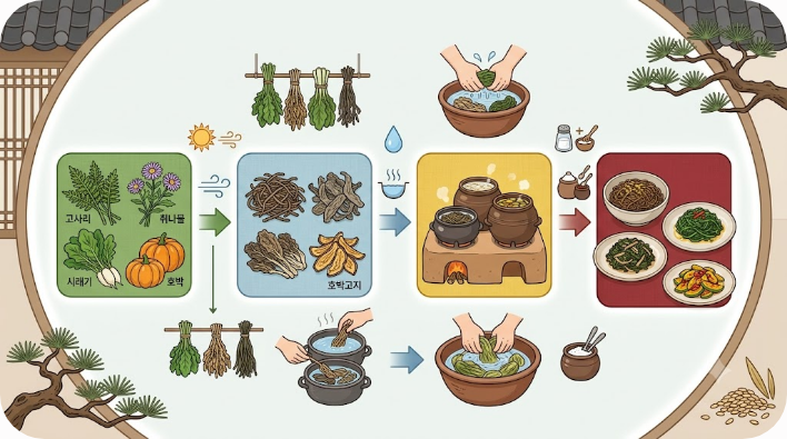 제철 나물을 말려 저장한 뒤 불리고 삶아 묵은나물로 만드는 과정