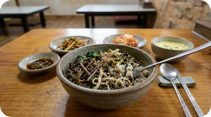 여러 저장 나물을 넣어 만든 묵나물밥 한 그릇