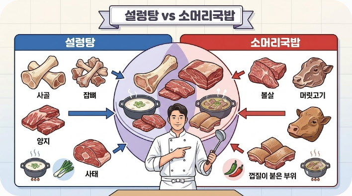 설렁탕의 여러 소 부위와 소머리국밥의 머릿고기 구성을 비교한 인포그래픽