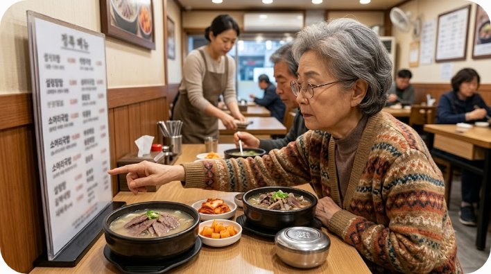 고기 부위 설명을 확인하며 설렁탕과 소머리국밥을 고르는 식탁 장면