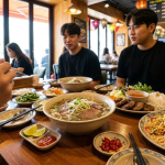 베트남 음식점 식탁에 쌀국수와 분짜, 팟타이가 함께 놓인 모습