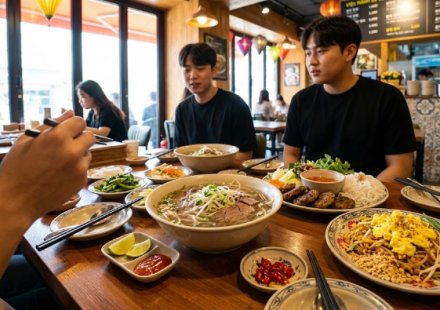 베트남 음식점 식탁에 쌀국수와 분짜, 팟타이가 함께 놓인 모습