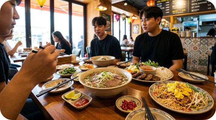 베트남 음식점 식탁에 쌀국수와 분짜, 팟타이가 함께 놓인 모습