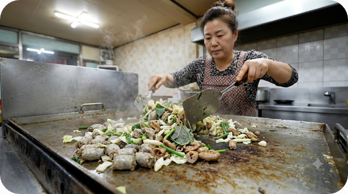 분식집 철판에서 순대와 곱창, 채소를 볶는 백순대 장면