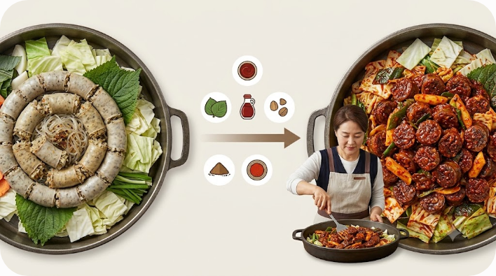 백순대와 양념순대가 볶는 양념에서 갈리는 모습을 보여주는 비교 이미지