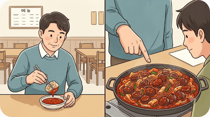 백순대는 소스를 따로 찍고 양념순대는 붉은 양념과 함께 볶는 차이