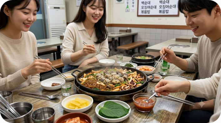 순대타운 식당 테이블에 놓인 백순대 철판과 별도 양념장