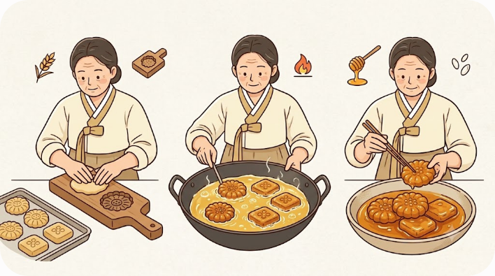 약과를 빚고 기름에 익힌 뒤 집청에 담그는 과정