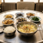 아침 백반집 식탁에 놓인 맑은 북엇국 한 그릇
