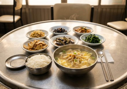 아침 백반집 식탁에 놓인 맑은 북엇국 한 그릇