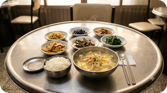아침 백반집 식탁에 놓인 맑은 북엇국 한 그릇
