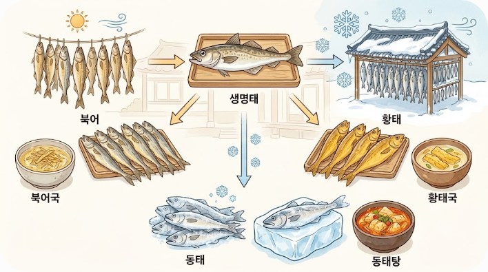 명태가 북어와 황태, 동태로 나뉘는 가공 상태 비교