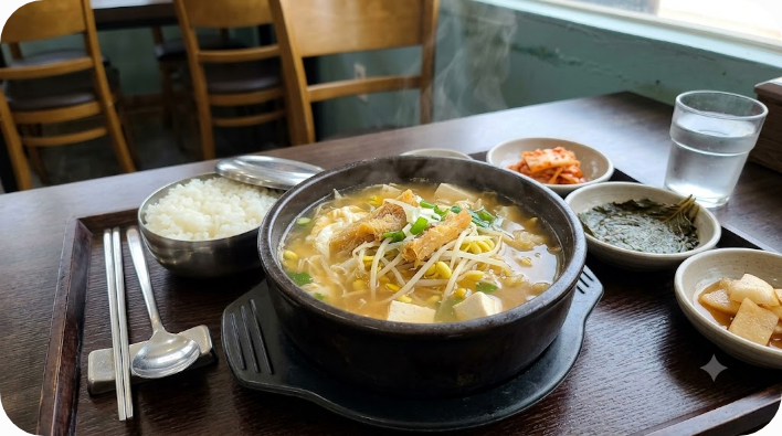 콩나물과 달걀을 넣어 뚝배기에 담은 북어해장국