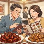 한국식 중식당에서 라조기와 비슷한 닭고기 요리를 비교하는 식탁