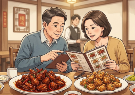 한국식 중식당에서 라조기와 비슷한 닭고기 요리를 비교하는 식탁