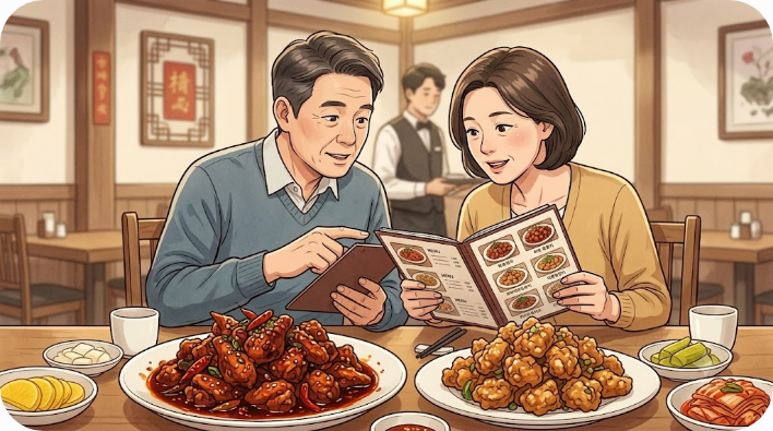 한국식 중식당에서 라조기와 비슷한 닭고기 요리를 비교하는 식탁