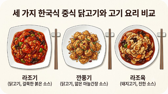 라조기 깐풍기 라조육의 재료와 소스 차이를 보여주는 삽화