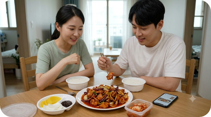 배달 식탁에 놓인 한국식 라조기와 밥