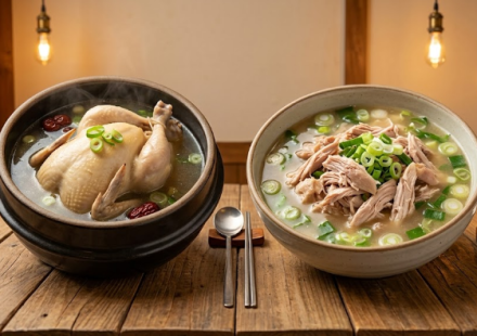 통닭이 담긴 삼계탕과 찢은 닭고기가 담긴 닭곰탕을 나란히 놓은 식탁