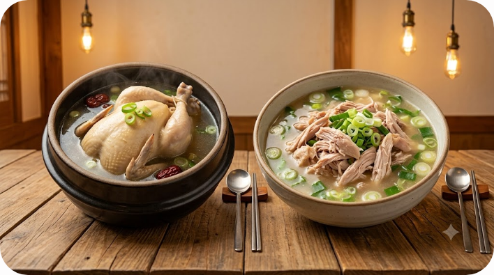통닭이 담긴 삼계탕과 찢은 닭고기가 담긴 닭곰탕을 나란히 놓은 식탁