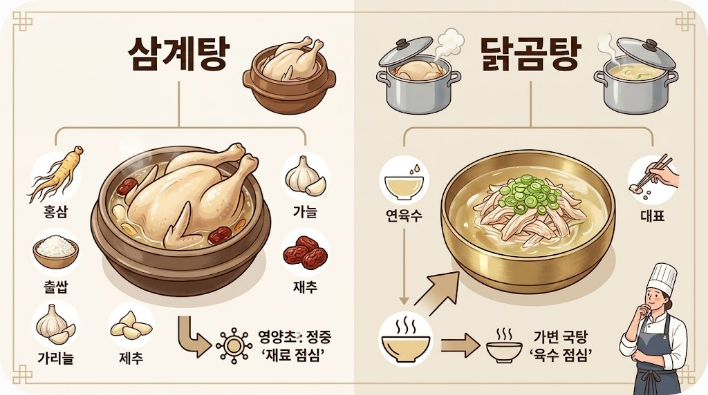 삼계탕의 통닭과 속재료, 닭곰탕의 육수와 찢은 닭고기 구성을 비교한 그림