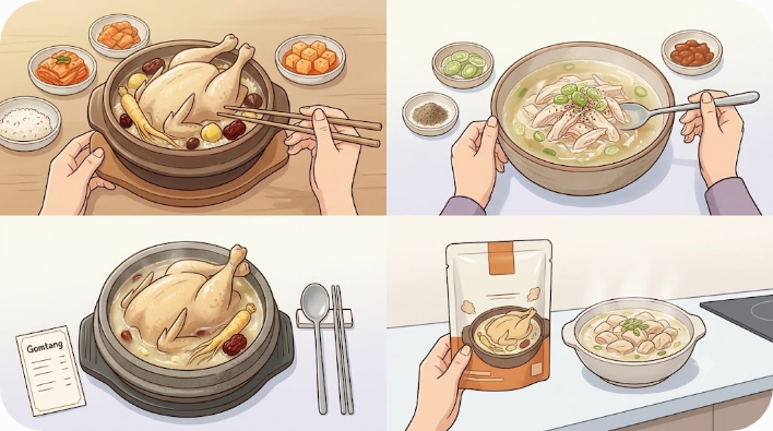 통닭과 찢은 닭고기, 반 마리 닭 등 식당별 메뉴 구성을 비교한 삽화