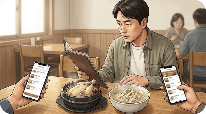 메뉴판 앞에서 삼계탕과 닭곰탕의 닭 형태를 비교하는 주문 장면