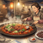 시장 분식집 철판에서 순대와 채소를 붉은 양념에 볶는 모습