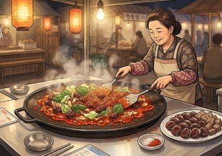 시장 분식집 철판에서 순대와 채소를 붉은 양념에 볶는 모습