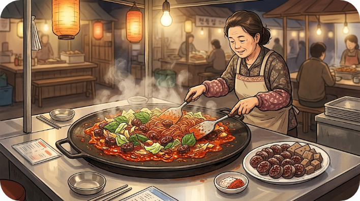 시장 분식집 철판에서 순대와 채소를 붉은 양념에 볶는 모습