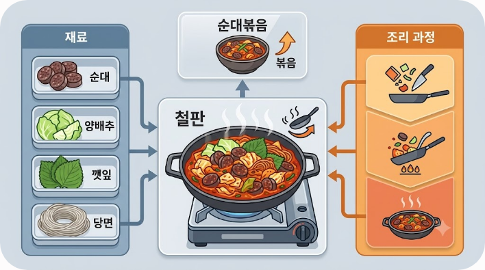 순대와 볶음 조리법이 결합된 순대볶음 이름 구조