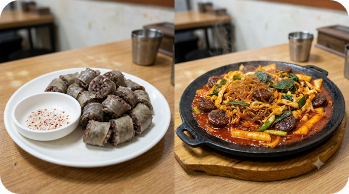 접시에 담긴 순대와 철판 순대볶음을 나란히 비교한 모습