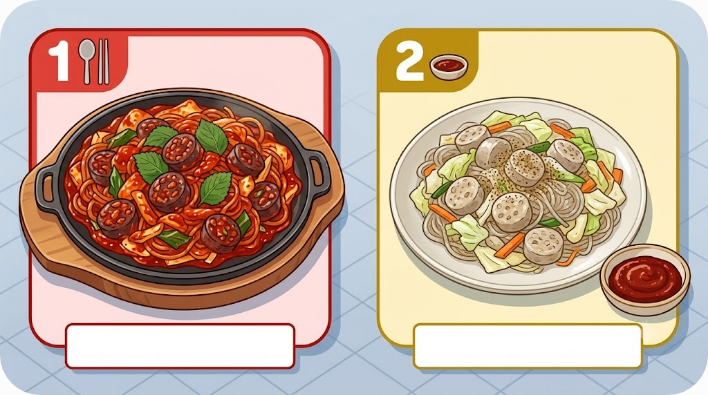붉은 순대볶음과 백순대볶음의 색과 구성 차이
