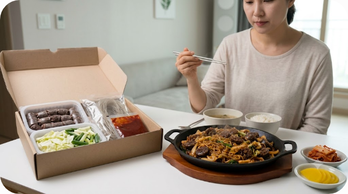 순대와 채소, 당면, 소스로 구성된 순대볶음 밀키트와 완성 음식
