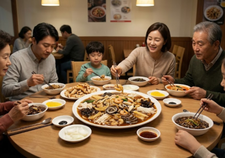 가족 식사 자리의 중식당 식탁에 놓인 유산슬 요리