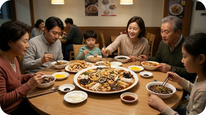 가족 식사 자리의 중식당 식탁에 놓인 유산슬 요리