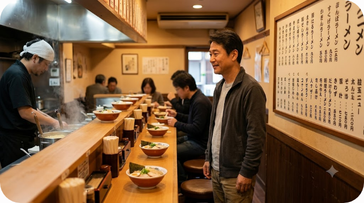 일본식 라멘 가게에서 메뉴를 살펴보는 장면