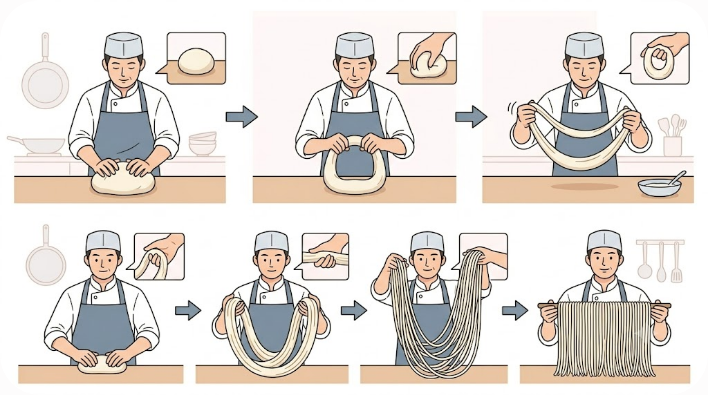 반죽을 당겨 긴 면발로 만드는 과정을 보여주는 설명 이미지