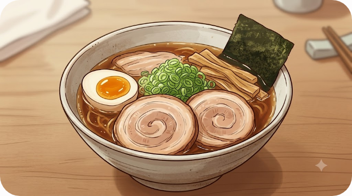 차슈와 달걀, 멘마가 올라간 일본식 라멘