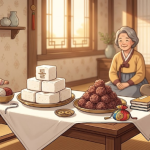 백일상에 백설기와 수수팥떡이 함께 놓인 모습