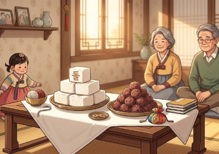 백일상에 백설기와 수수팥떡이 함께 놓인 모습
