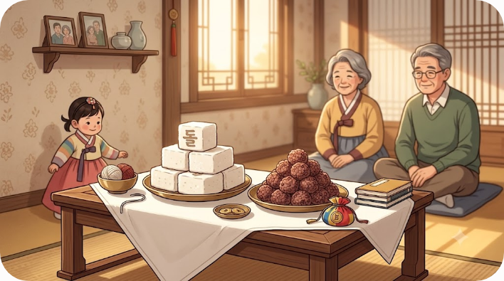 백일상에 백설기와 수수팥떡이 함께 놓인 모습
