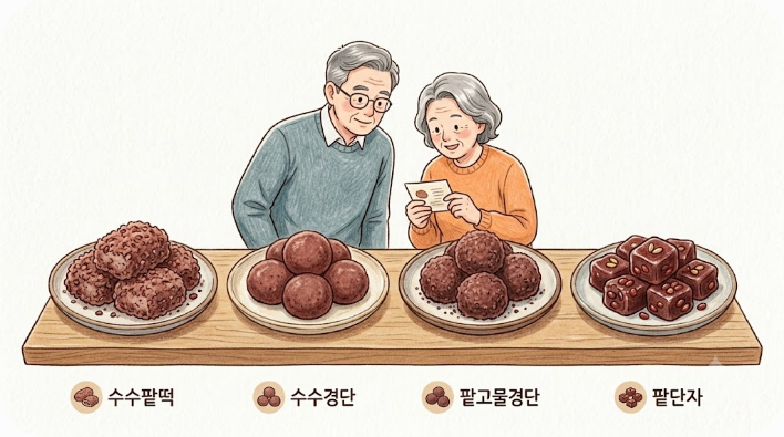 수수팥떡·수수경단·수수팥경단·수수팥단자의 모양 비교