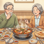 회 식사 뒤 식탁에 놓인 얼큰한 매운탕 냄비